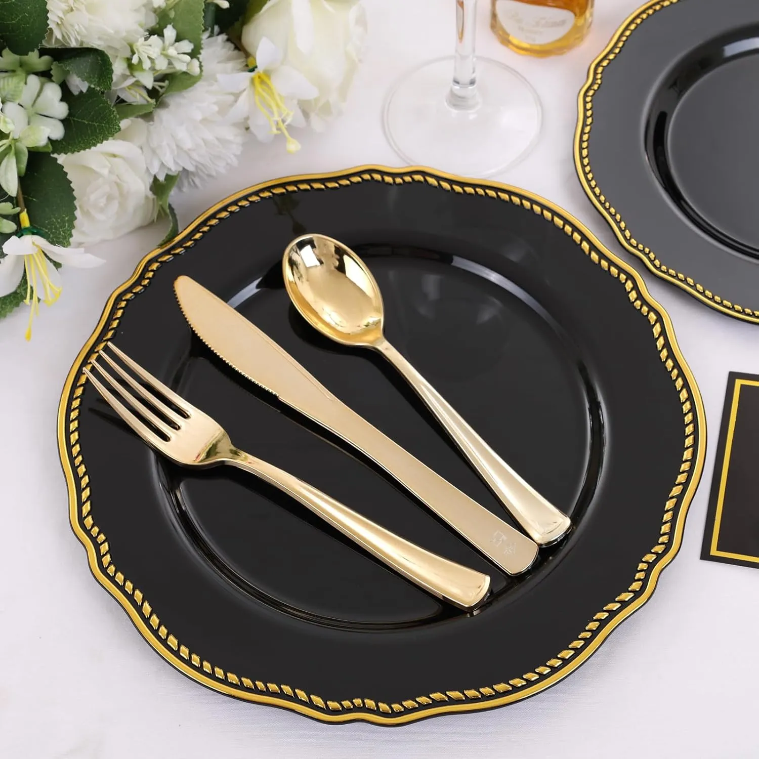 Hioasis 60pcs Black Plastic Plates - Black and Gold Disposable Plates, 7.5 inch Plastic Dessert Plates, Perfect for Wedding & Party & New Year & Father's Day