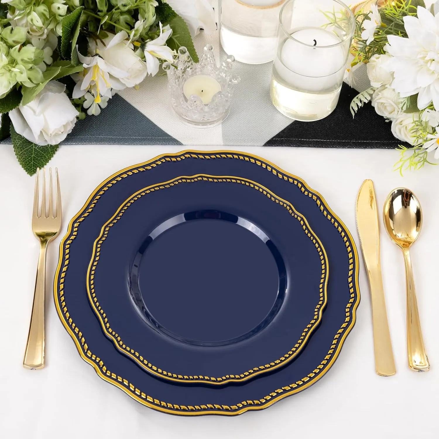 Hioasis 60pcs Blue plastic plates - Blue and Gold Disposable Plates, 7.5 inch Plastic Dessert Plates, Perfect for Hanukkah & Wedding & Party & Holiday & Father's Day