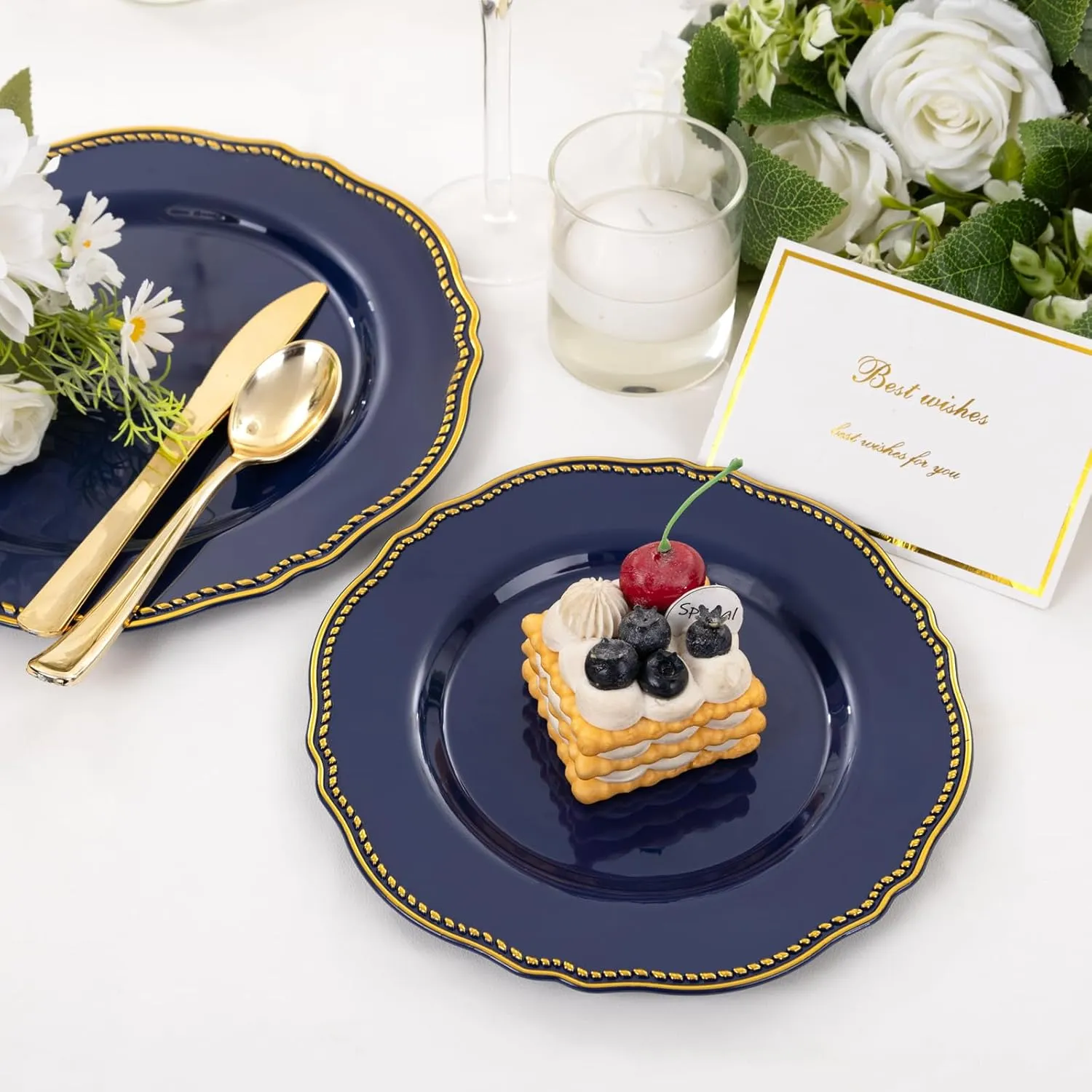Hioasis 60pcs Blue plastic plates - Blue and Gold Disposable Plates, 7.5 inch Plastic Dessert Plates, Perfect for Hanukkah & Wedding & Party & Holiday & Father's Day