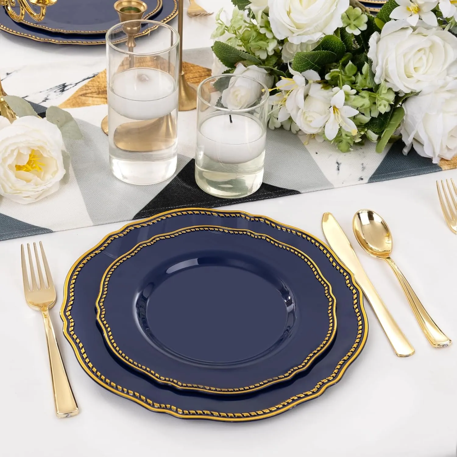 Hioasis 60pcs Blue plastic plates - Blue and Gold Disposable Plates, 7.5 inch Plastic Dessert Plates, Perfect for Hanukkah & Wedding & Party & Holiday & Father's Day