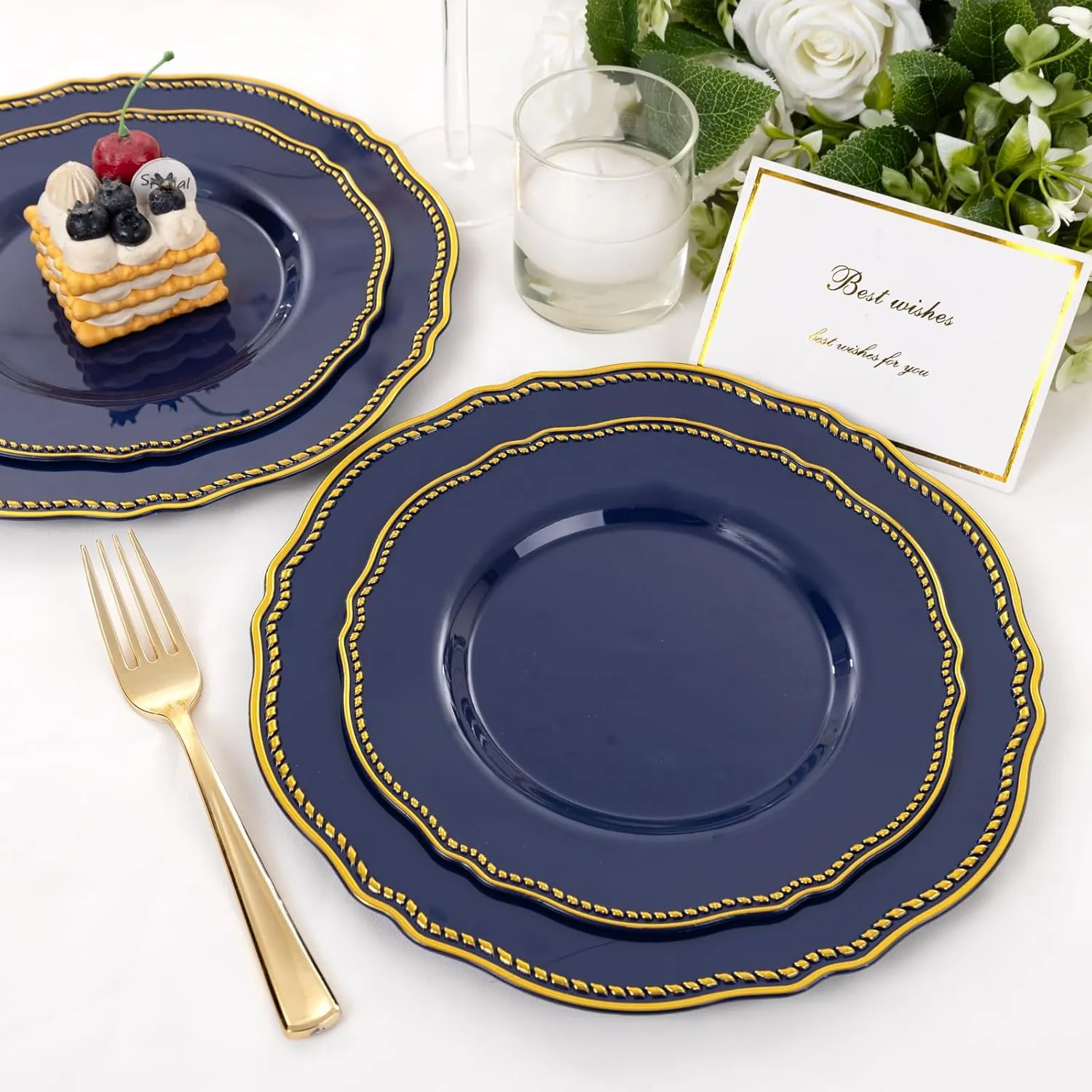 Hioasis 60pcs Blue plastic plates - Blue and Gold Disposable Plates, 7.5 inch Plastic Dessert Plates, Perfect for Hanukkah & Wedding & Party & Holiday & Father's Day