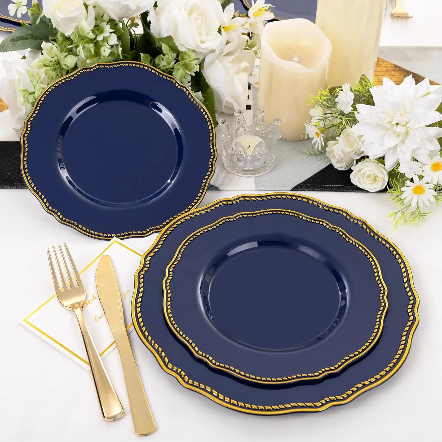 Hioasis 60pcs Blue plastic plates - Blue and Gold Disposable Plates, 7.5 inch Plastic Dessert Plates, Perfect for Hanukkah & Wedding & Party & Holiday & Father's Day