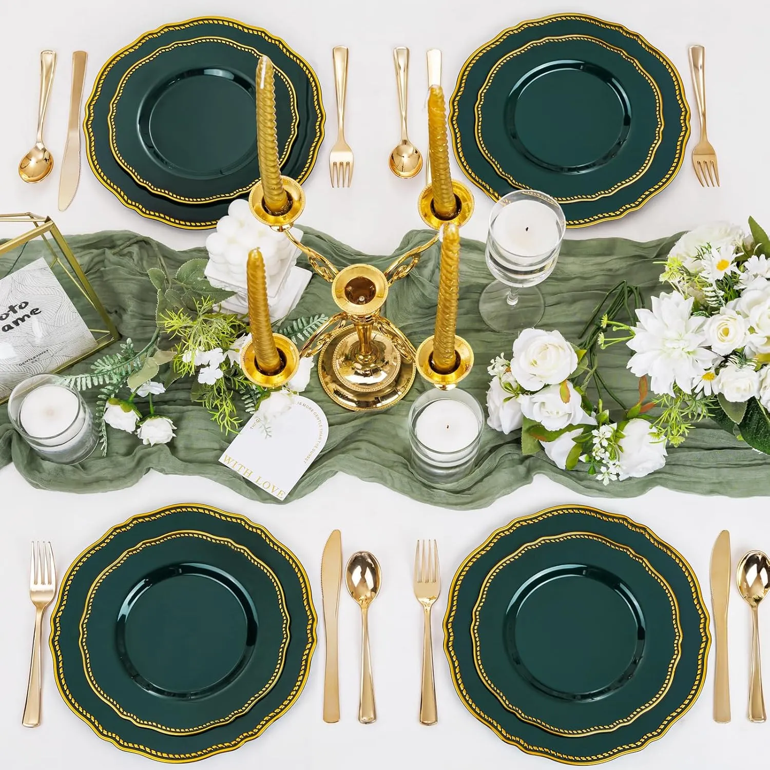 Hioasis 60pcs Green Plastic Plates - Emerald and Gold Disposable Plates, 7.5 inch Plastic Dessert Plates, Perfect for Wedding & Party & Holiday
