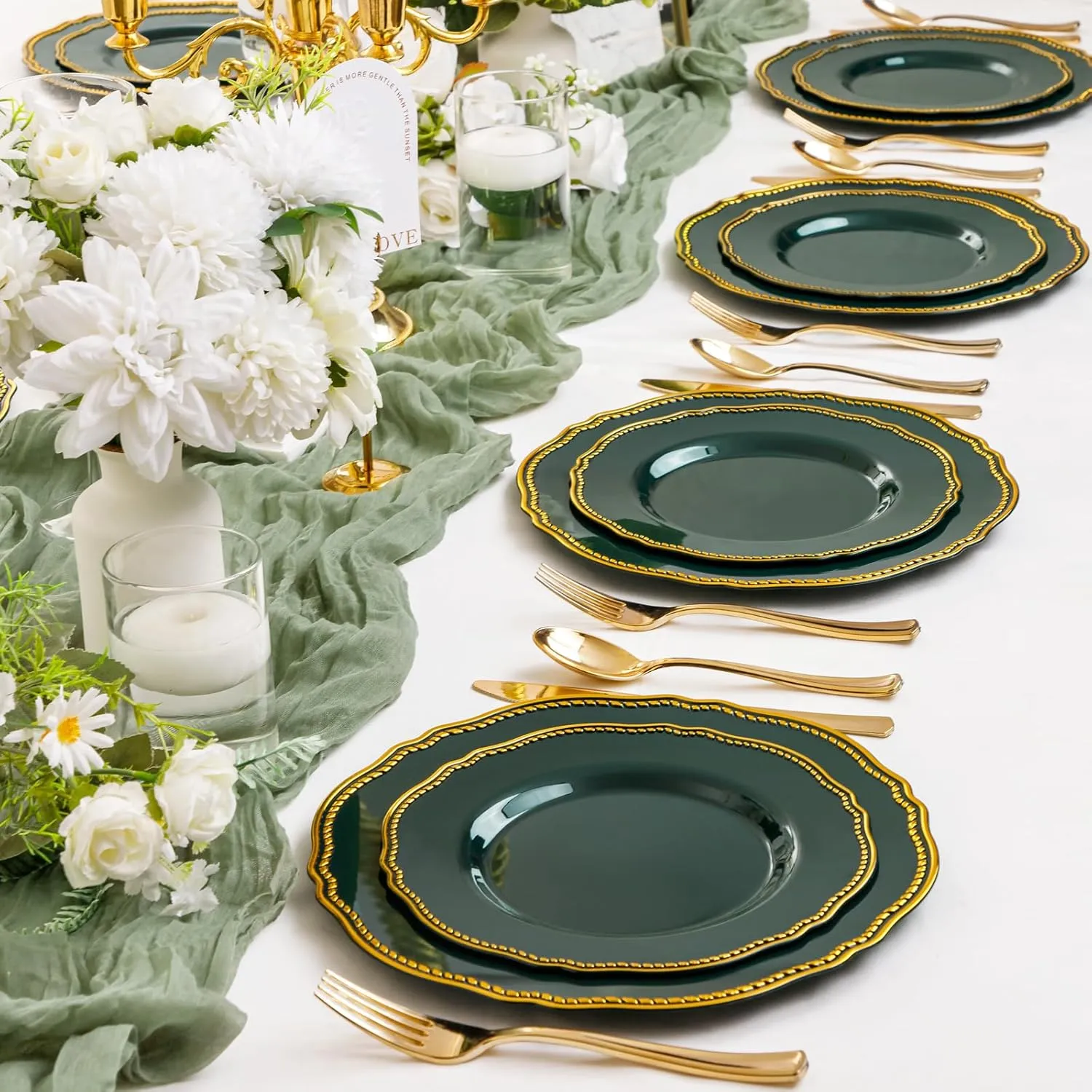 Hioasis 60pcs Green Plastic Plates - Emerald and Gold Disposable Plates, 7.5 inch Plastic Dessert Plates, Perfect for Wedding & Party & Holiday