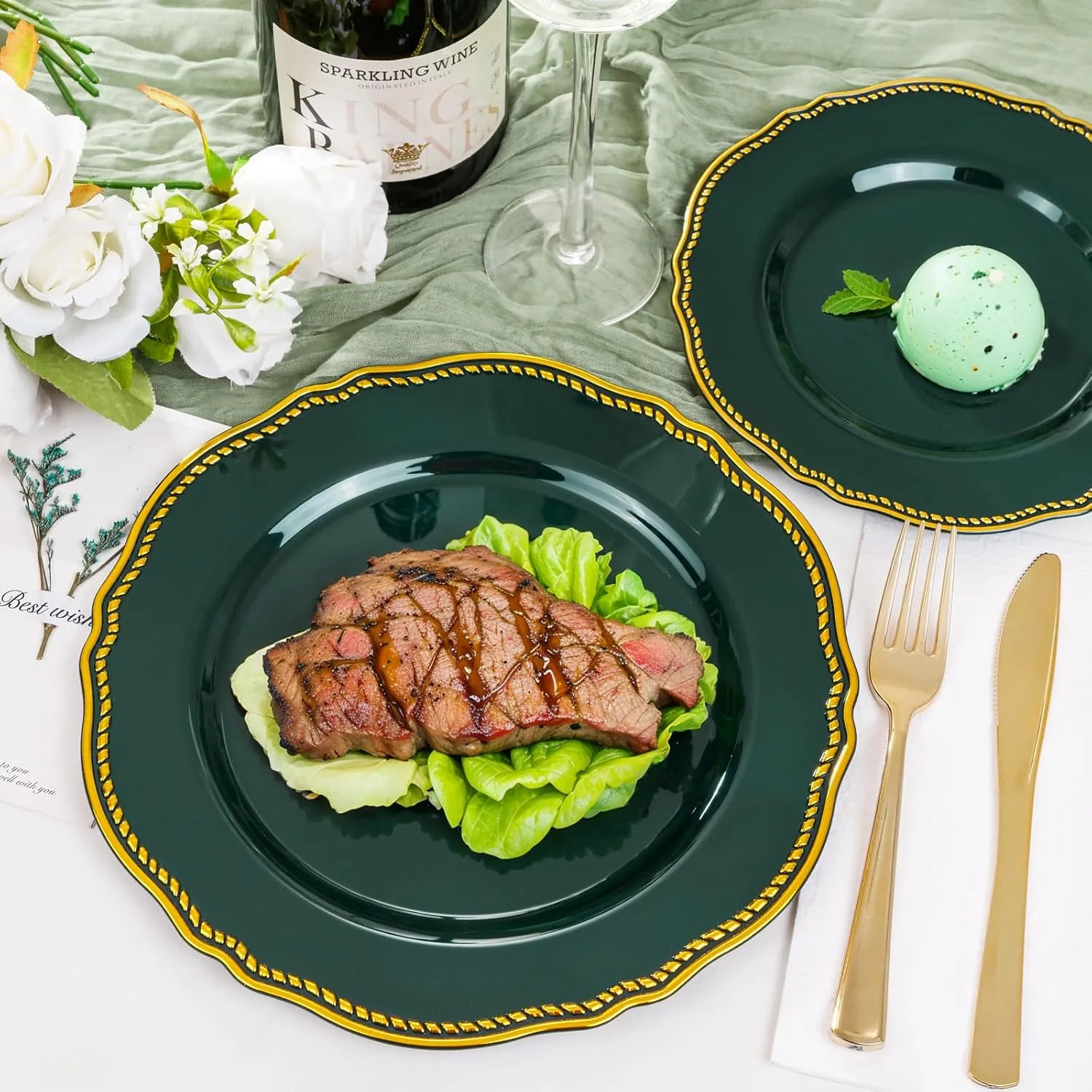 Hioasis 60pcs Green Plastic Plates - Emerald and Gold Disposable Plates, 7.5 inch Plastic Dessert Plates, Perfect for Wedding & Party & Holiday