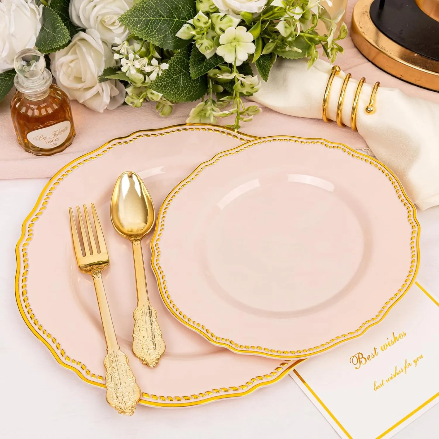 Hioasis 60pcs Pink Plastic Plates - Pink and Gold Disposable Plates, 7.5 inch Plastic Dessert Plates, Perfect for Easter & Wedding & Party & Holiday