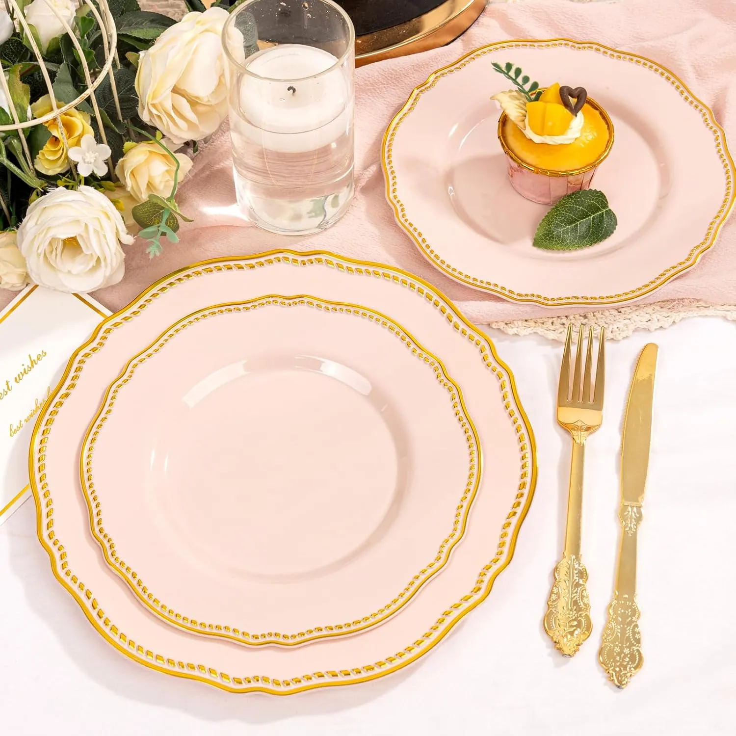 Hioasis 60pcs Pink Plastic Plates - Pink and Gold Disposable Plates, 7.5 inch Plastic Dessert Plates, Perfect for Easter & Wedding & Party & Holiday
