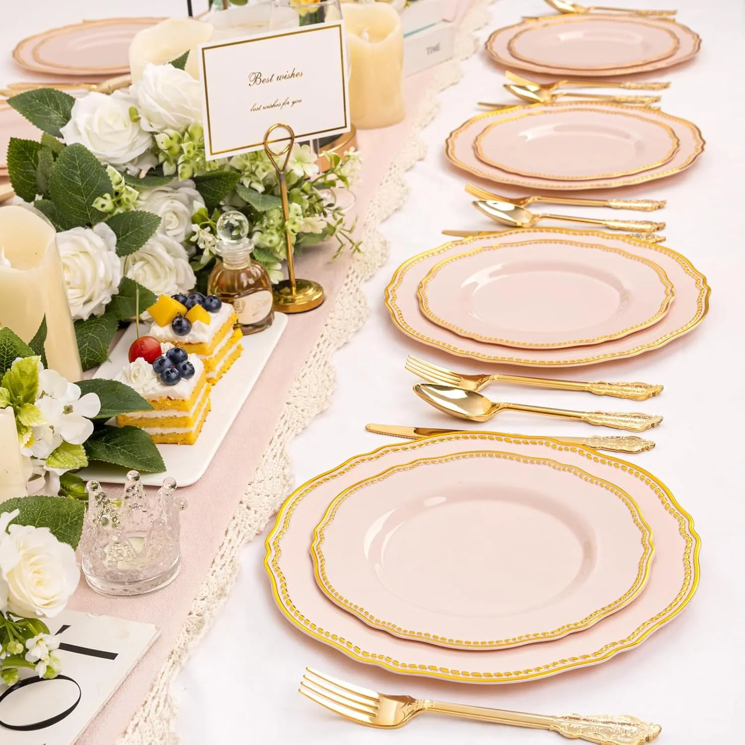 Hioasis 60pcs Pink Plastic Plates - Pink and Gold Disposable Plates, 7.5 inch Plastic Dessert Plates, Perfect for Easter & Wedding & Party & Holiday