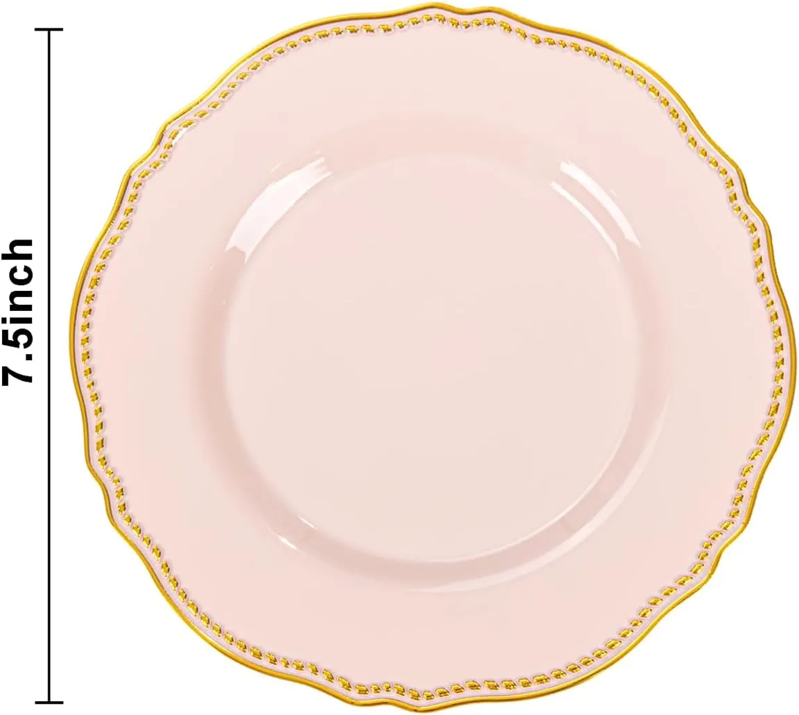Hioasis 60pcs Pink Plastic Plates - Pink and Gold Disposable Plates, 7.5 inch Plastic Dessert Plates, Perfect for Easter & Wedding & Party & Holiday