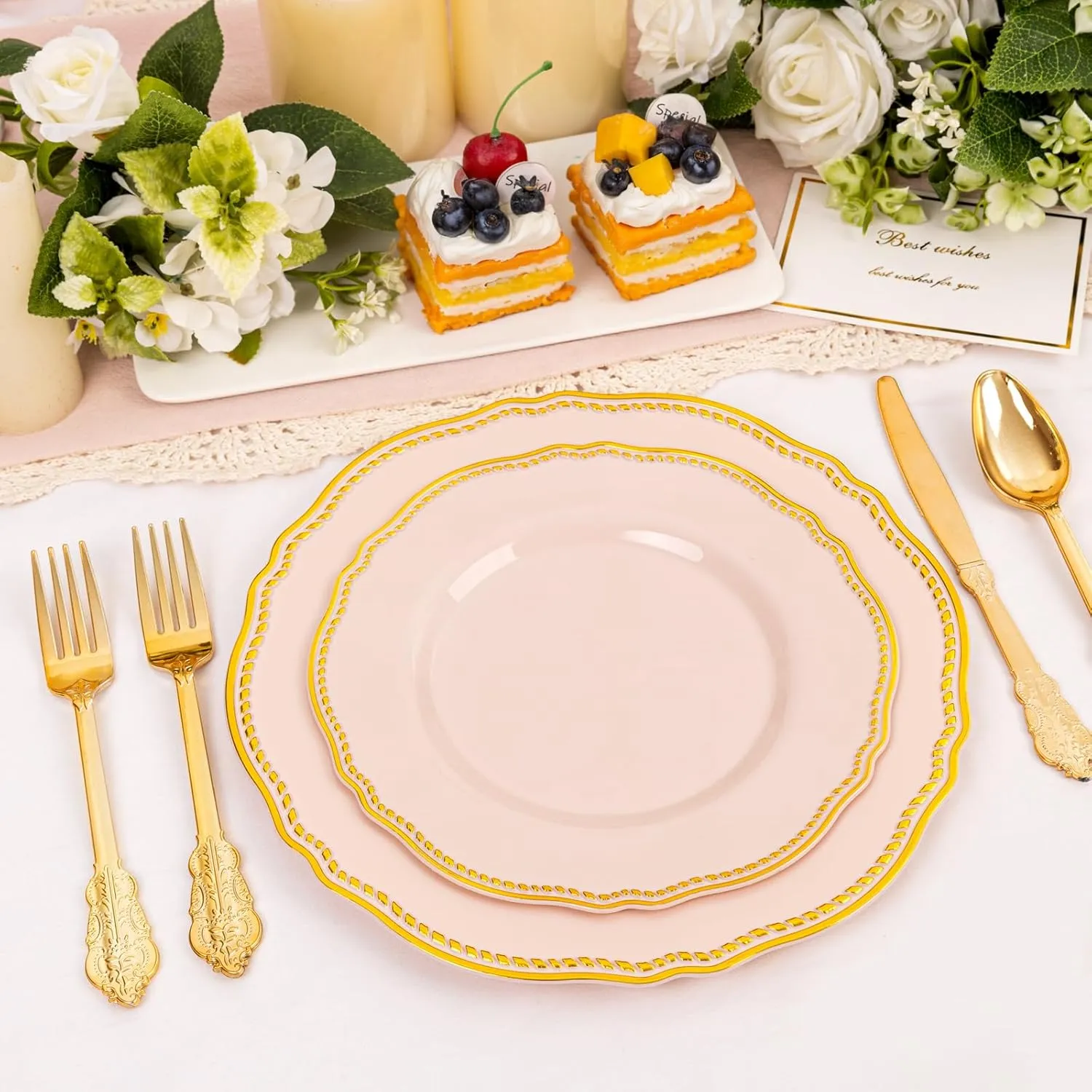 Hioasis 60pcs Pink Plastic Plates - Pink and Gold Disposable Plates, 7.5 inch Plastic Dessert Plates, Perfect for Easter & Wedding & Party & Holiday