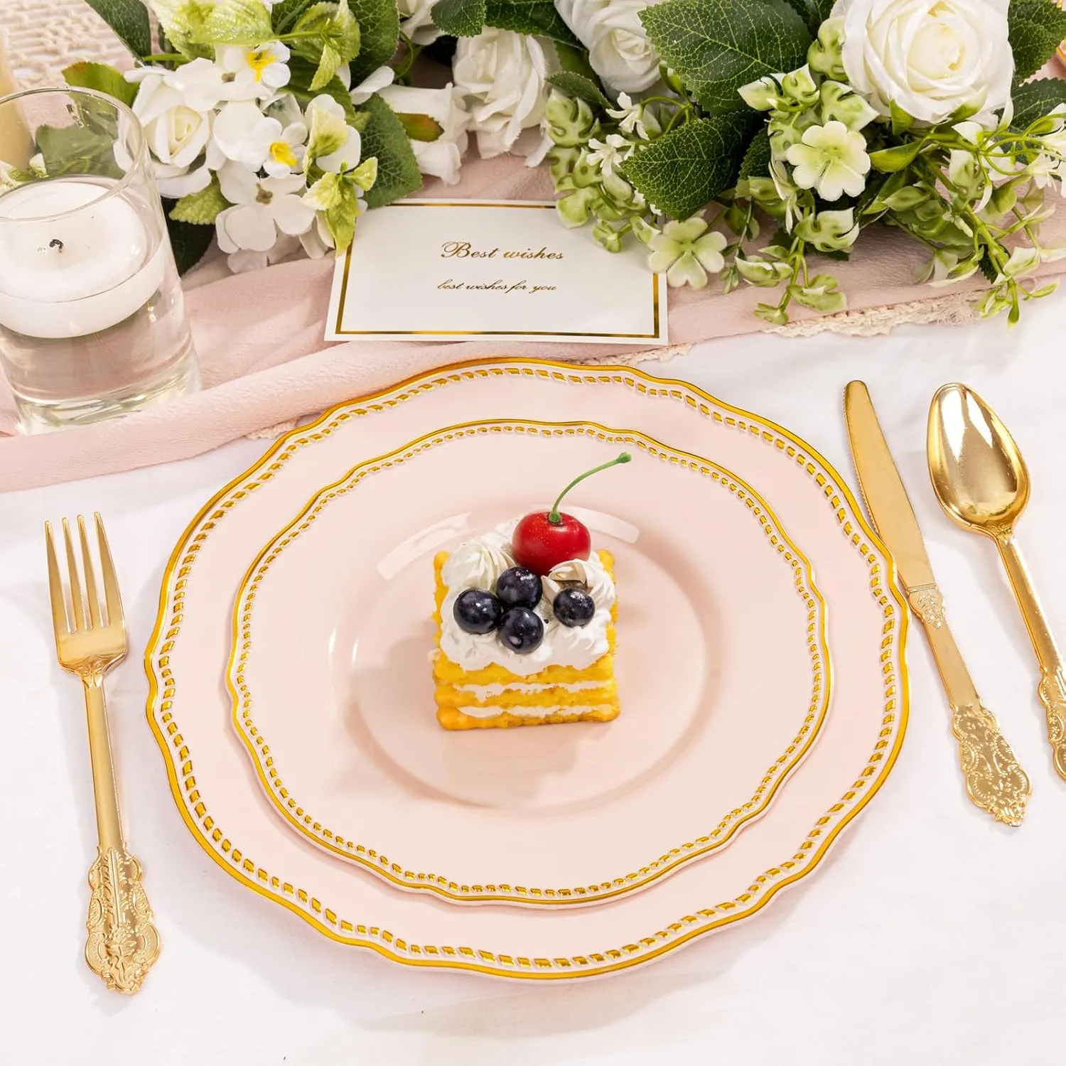 Hioasis 60pcs Pink Plastic Plates - Pink and Gold Disposable Plates, 7.5 inch Plastic Dessert Plates, Perfect for Easter & Wedding & Party & Holiday