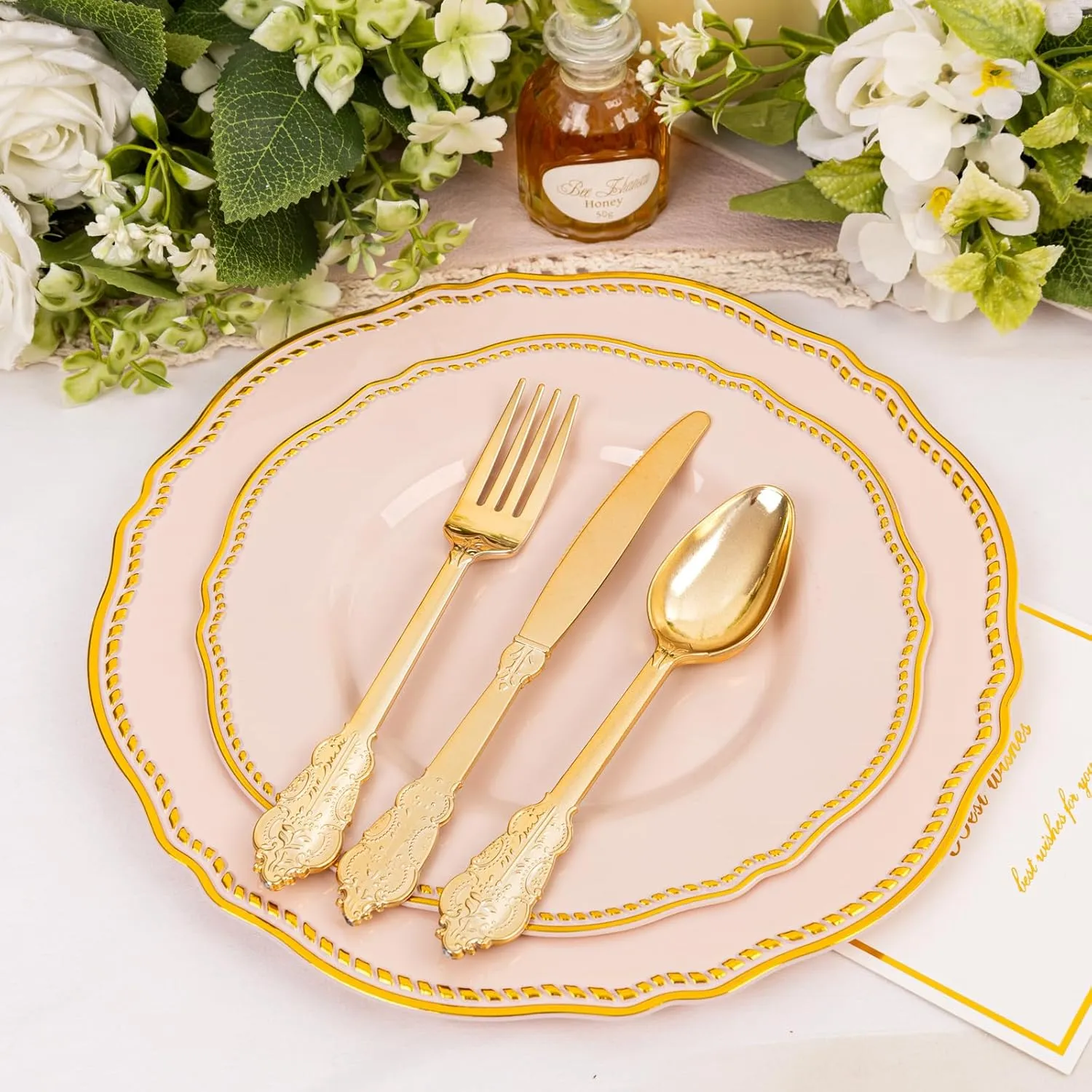 Hioasis 60pcs Pink Plastic Plates - Pink and Gold Disposable Plates, 7.5 inch Plastic Dessert Plates, Perfect for Easter & Wedding & Party & Holiday
