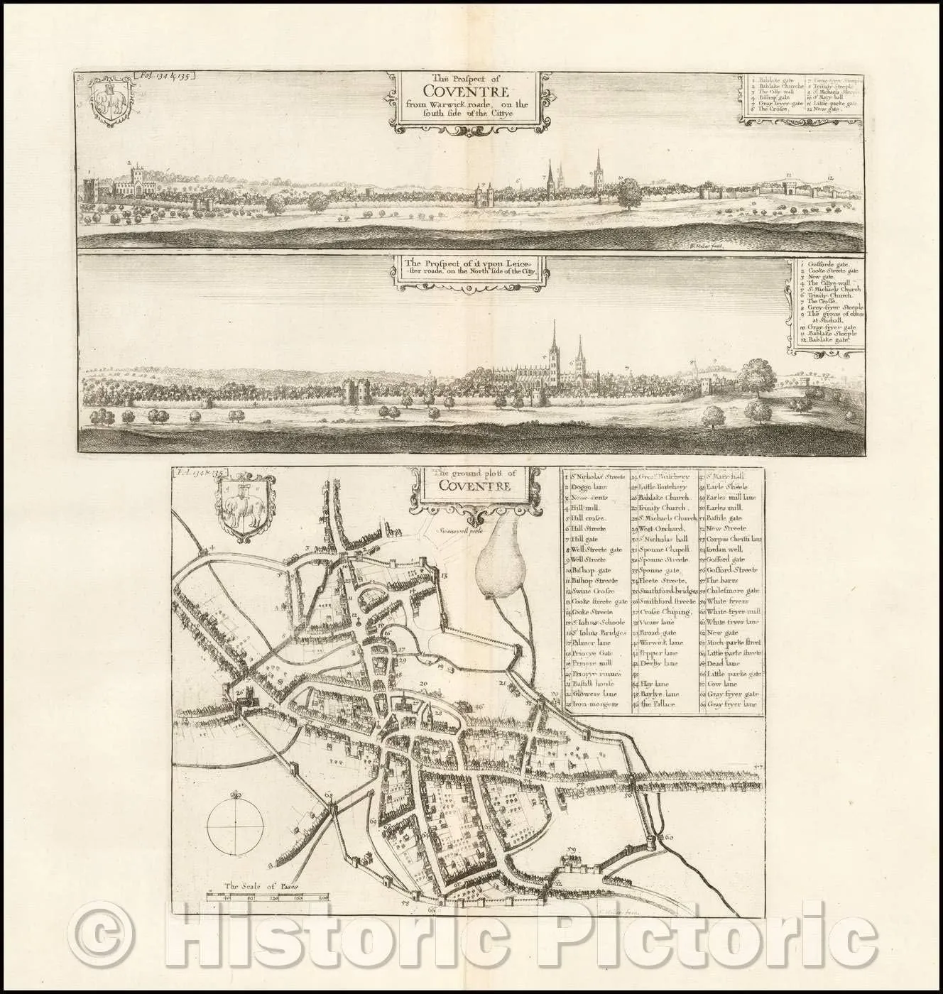 Historic Map - Coventry, England. The Prospect of Coventre from Warwick roade on The South Side of The Cittye, 1656, Wenceslaus Hollar - Vintage Wall Art 44in x 44in