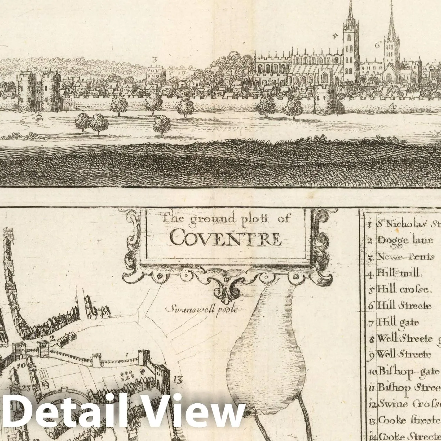 Historic Map - Coventry, England. The Prospect of Coventre from Warwick roade on The South Side of The Cittye, 1656, Wenceslaus Hollar - Vintage Wall Art 44in x 44in