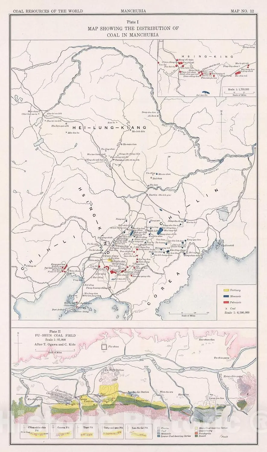 Historic Map : Geologic Atlas - 1913 Manchuria. Fu-Shun. Coal Resources of The World. - Vintage Wall Art - 24in x 41in