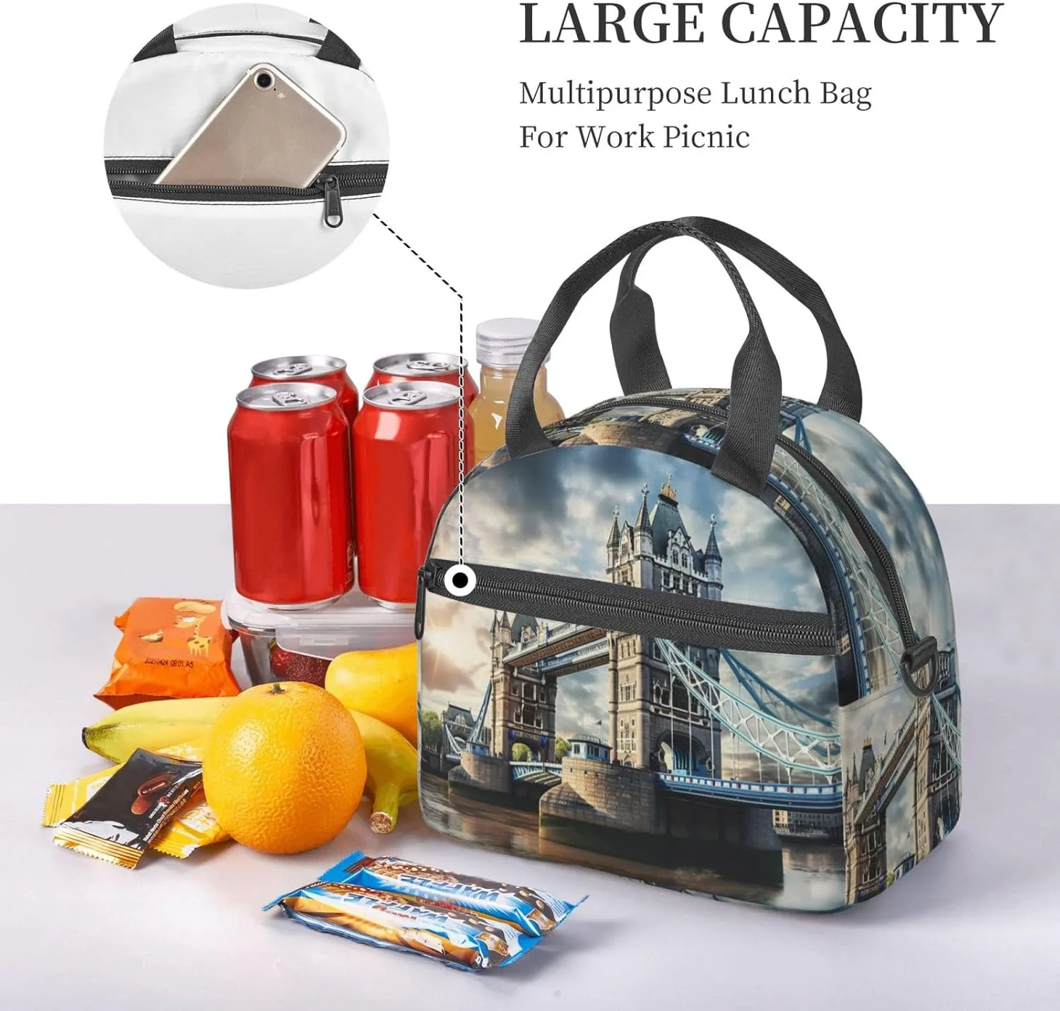 Historic Old Tower Bridge London Reusable Insulated Lunch Bag Lunch Box For Women Men Perfect For Daily Commute Travel