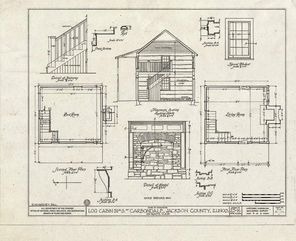 Historic Pictoric : Blueprint HABS Ill,39-CARB.V,1- (Sheet 2 of 2) - Log Cabin, Carbondale, Jackson County, IL 20in x 16in