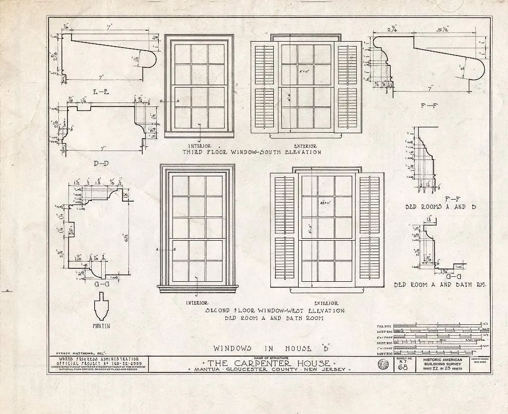 Historic Pictoric : Blueprint HABS NJ,8-MANT,1- (Sheet 22 of 23) - Thomas Carpenter House, Main & Martel Streets, Mantua, Gloucester County, NJ 14in x 11in