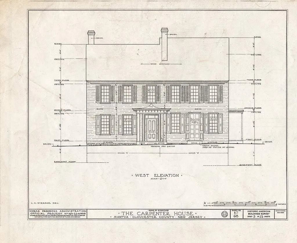 Historic Pictoric : Blueprint HABS NJ,8-MANT,1- (Sheet 5 of 23) - Thomas Carpenter House, Main & Martel Streets, Mantua, Gloucester County, NJ 14in x 11in