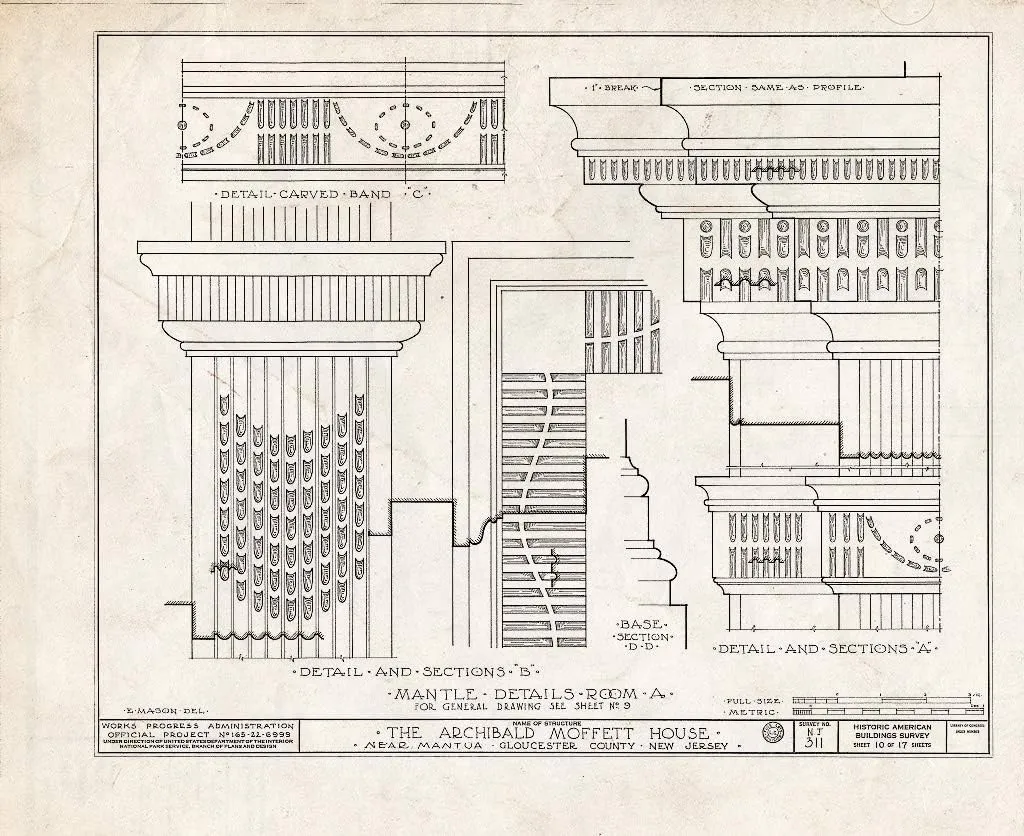 Historic Pictoric : Blueprint HABS NJ,8-MANT.V,1- (Sheet 10 of 17) - Archibald Moffett House, Mantua, Gloucester County, NJ 14in x 11in