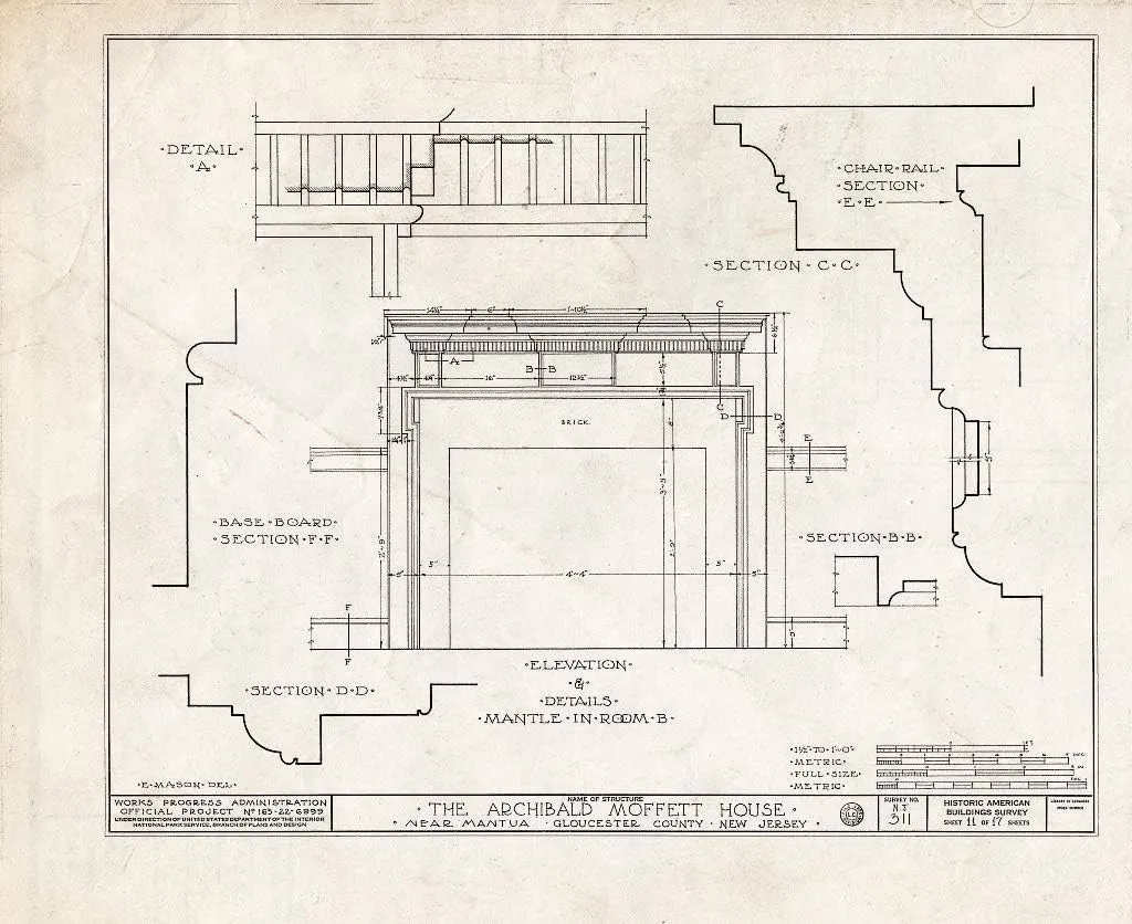 Historic Pictoric : Blueprint HABS NJ,8-MANT.V,1- (Sheet 11 of 17) - Archibald Moffett House, Mantua, Gloucester County, NJ 14in x 11in