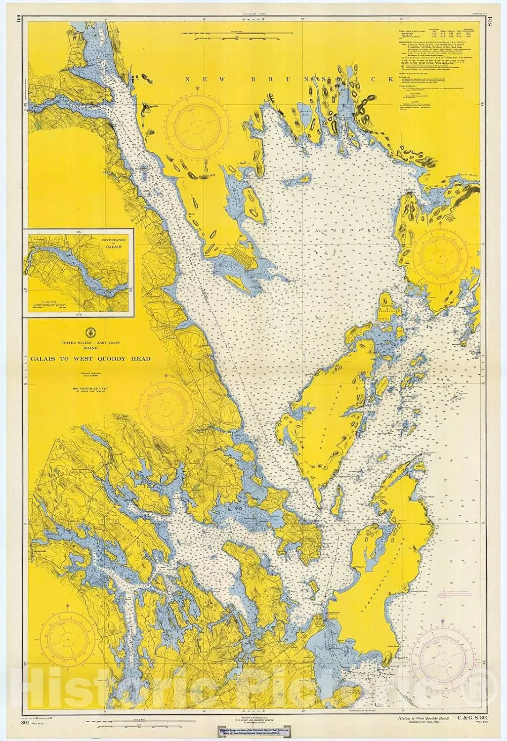 Historic Pictoric Vintage Map - Calais to West Quoddy Head, 1957 Nautical NOAA Chart - Maine (ME) - Vintage Wall Art - 24in x 36in