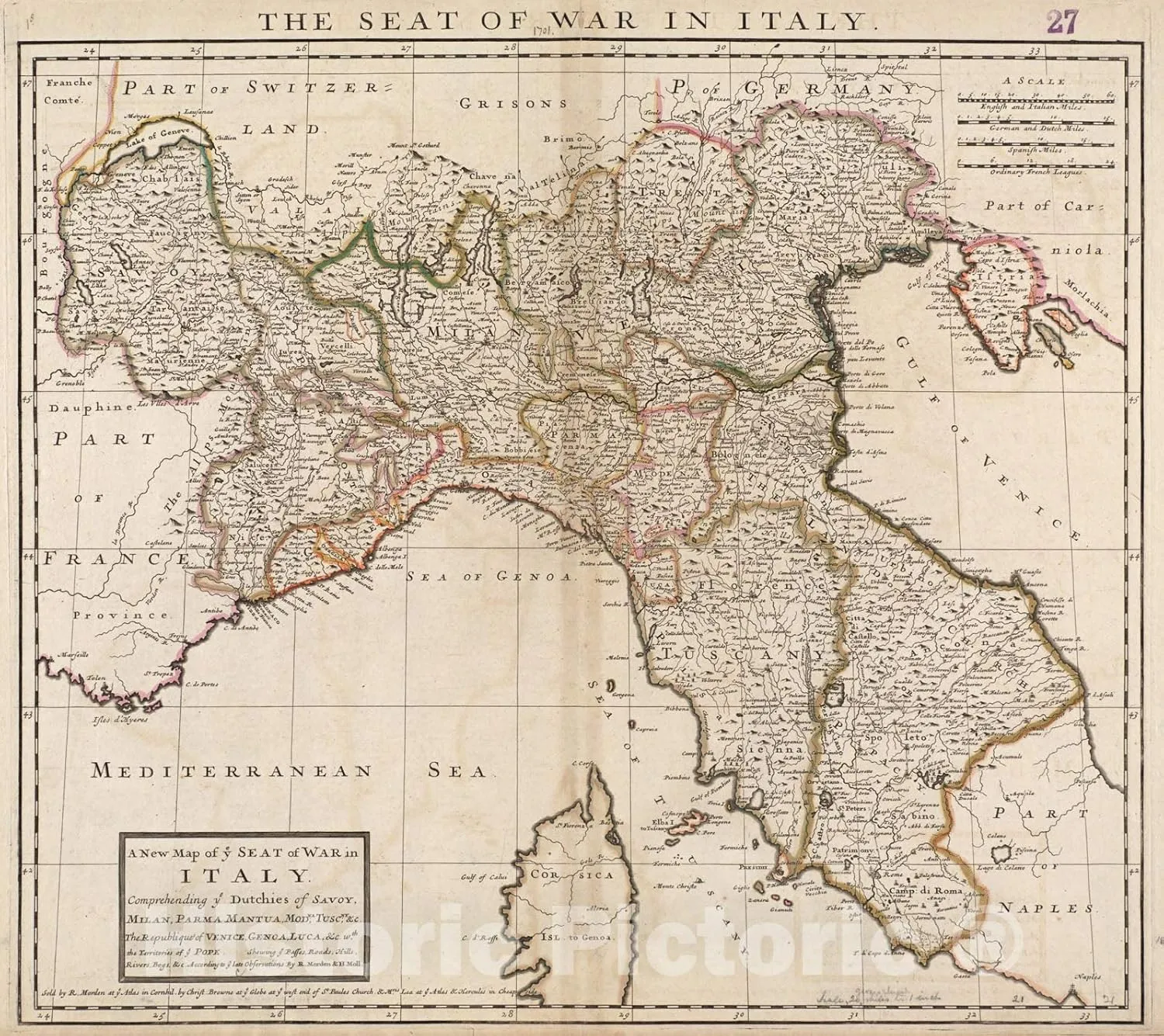 Historical Map, 1701 A New map of ye seat of war in Italy : comprehending ye Dutchies of Savoy, Milan, Parma Mantua, Modna, Tuscny, et Cetera, Vintage Wall Art : 29in x 24in