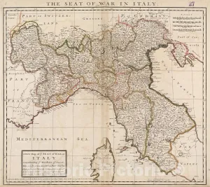 Historical Map, 1701 A New map of ye seat of war in Italy : comprehending ye Dutchies of Savoy, Milan, Parma Mantua, Modna, Tuscny, et Cetera, Vintage Wall Art : 29in x 24in