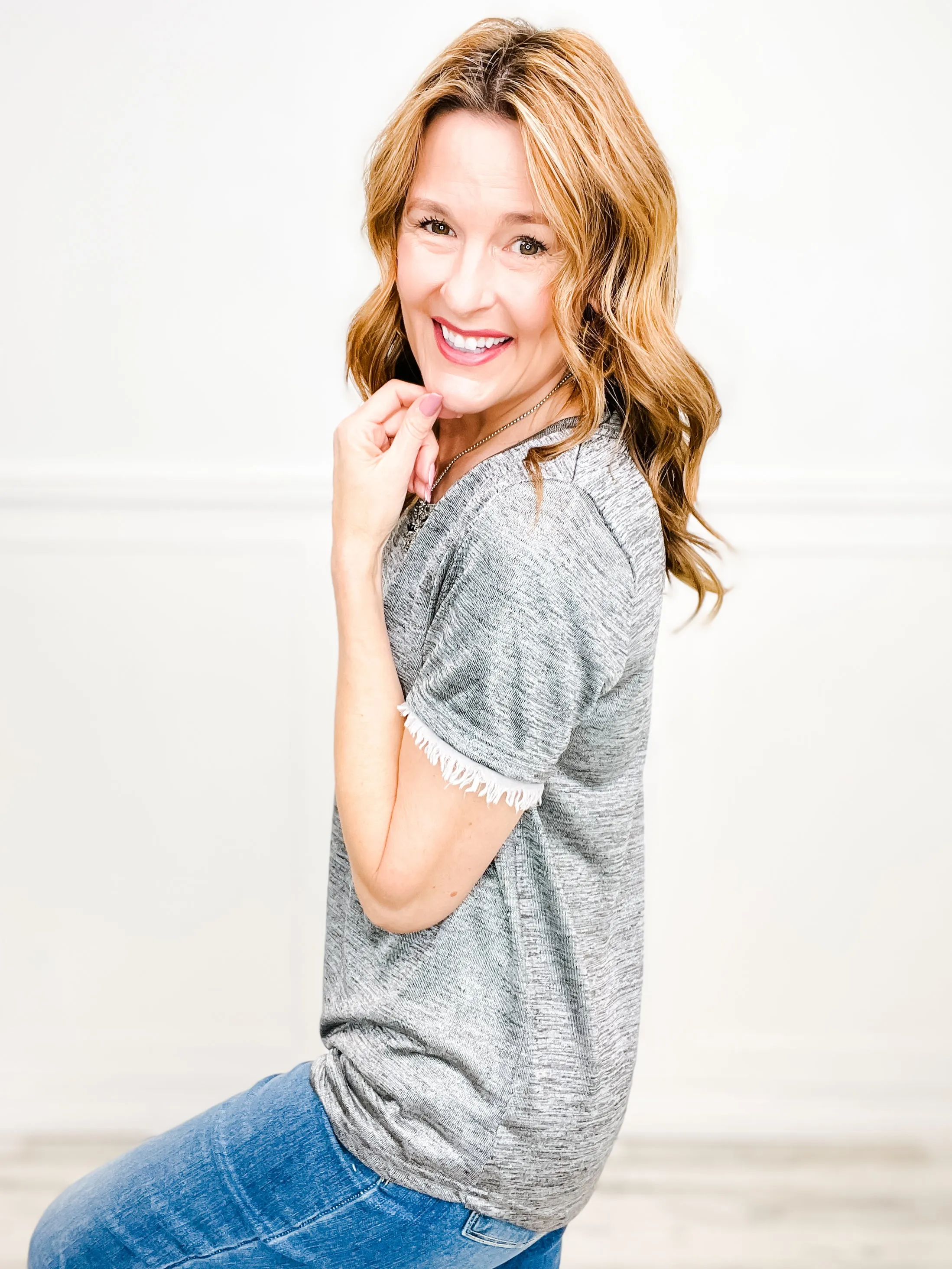 Hit Me With Your Best Shot Short Sleeve Fringe Top