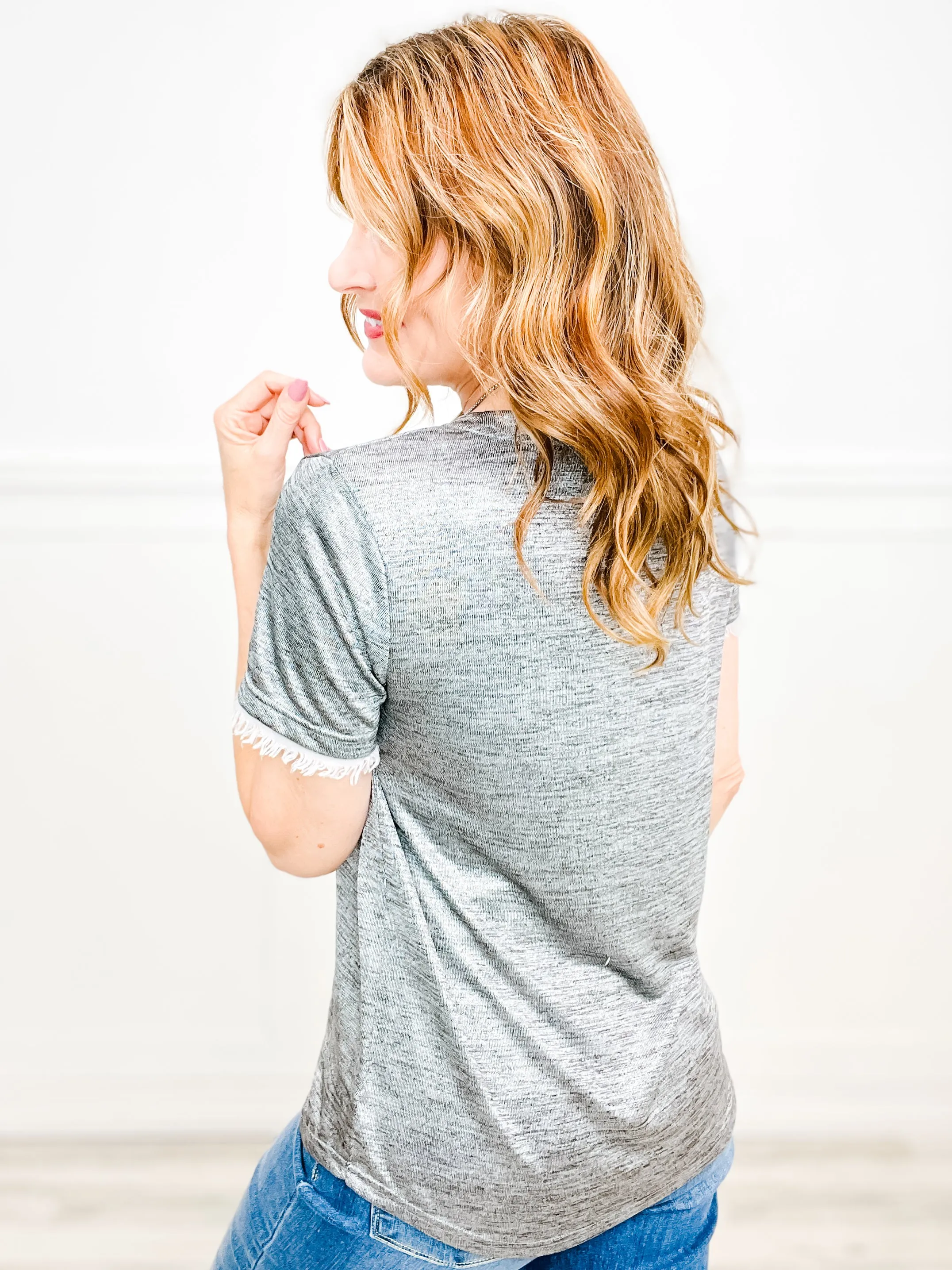 Hit Me With Your Best Shot Short Sleeve Fringe Top