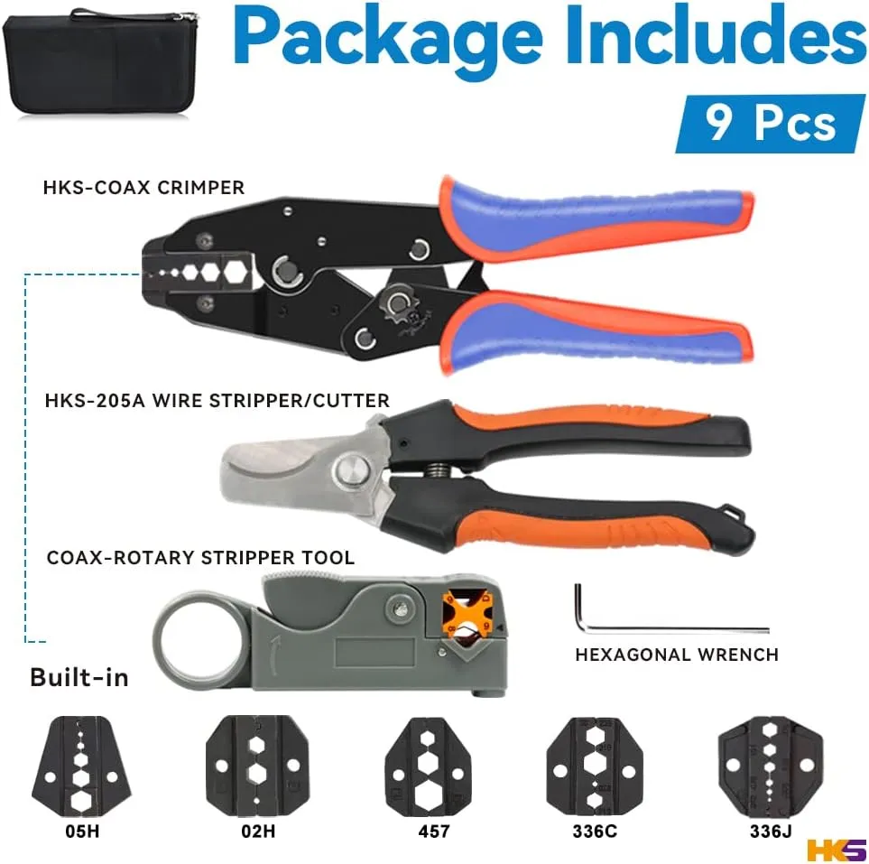 HKS Coax Ratchet Crimping Tool Kit for Coaxial RG Cable RF Connector with 5 Changeable Dies, Rotary Coaxial Cable Stripper/Cutter and Stripper/Cutter Piler
