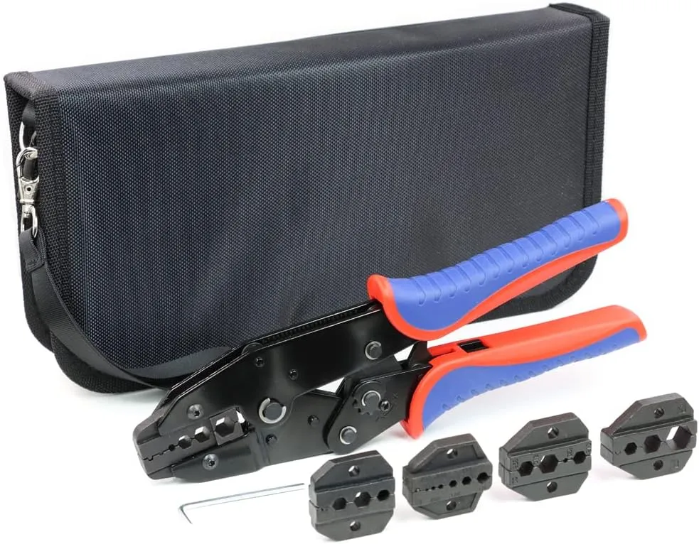 HKS Coax Ratchet Crimping Tool Set for Coaxial RG Cable RF Connector with 5 Changeable Dies