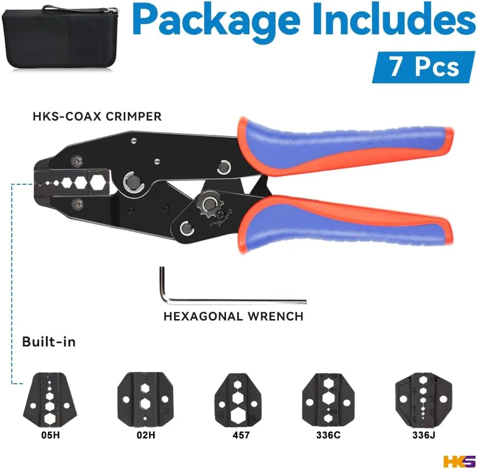 HKS Coax Ratchet Crimping Tool Set for Coaxial RG Cable RF Connector with 5 Changeable Dies