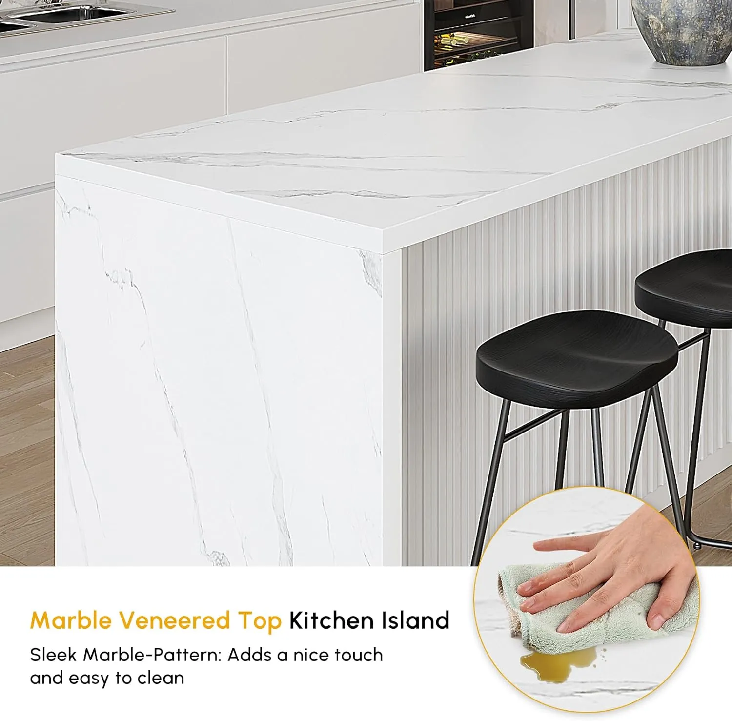 Homary 72" Marble Top Kitchen Island with Storage & Seating (White)