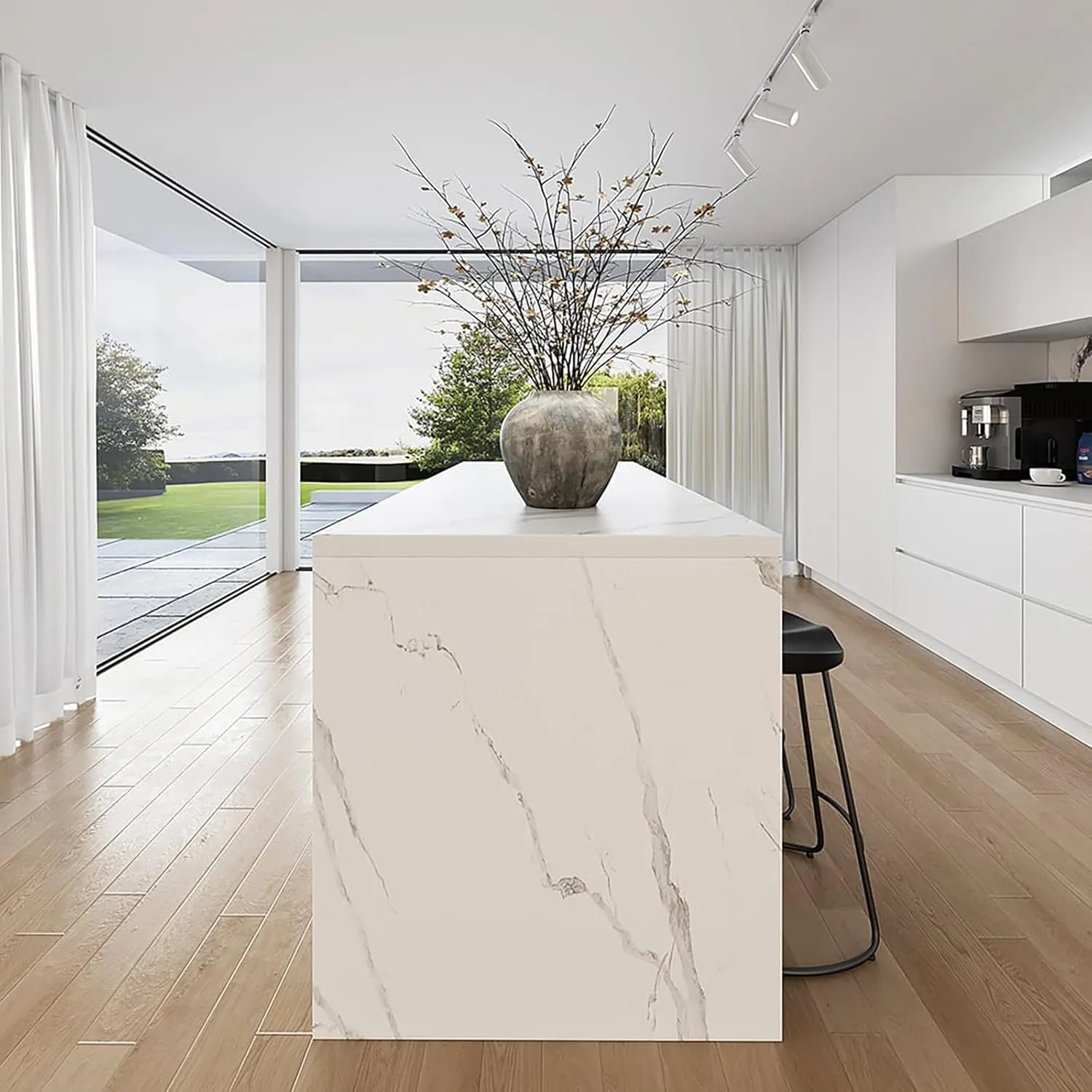 Homary 72" Marble Top Kitchen Island with Storage & Seating (White)