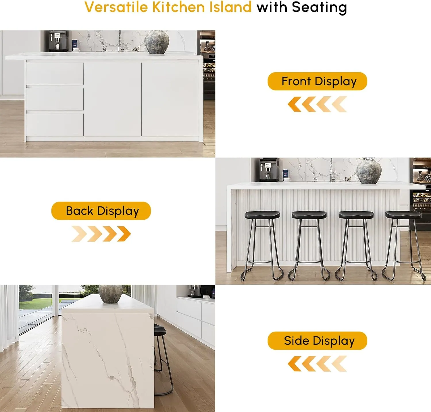 Homary 72" Marble Top Kitchen Island with Storage & Seating (White)