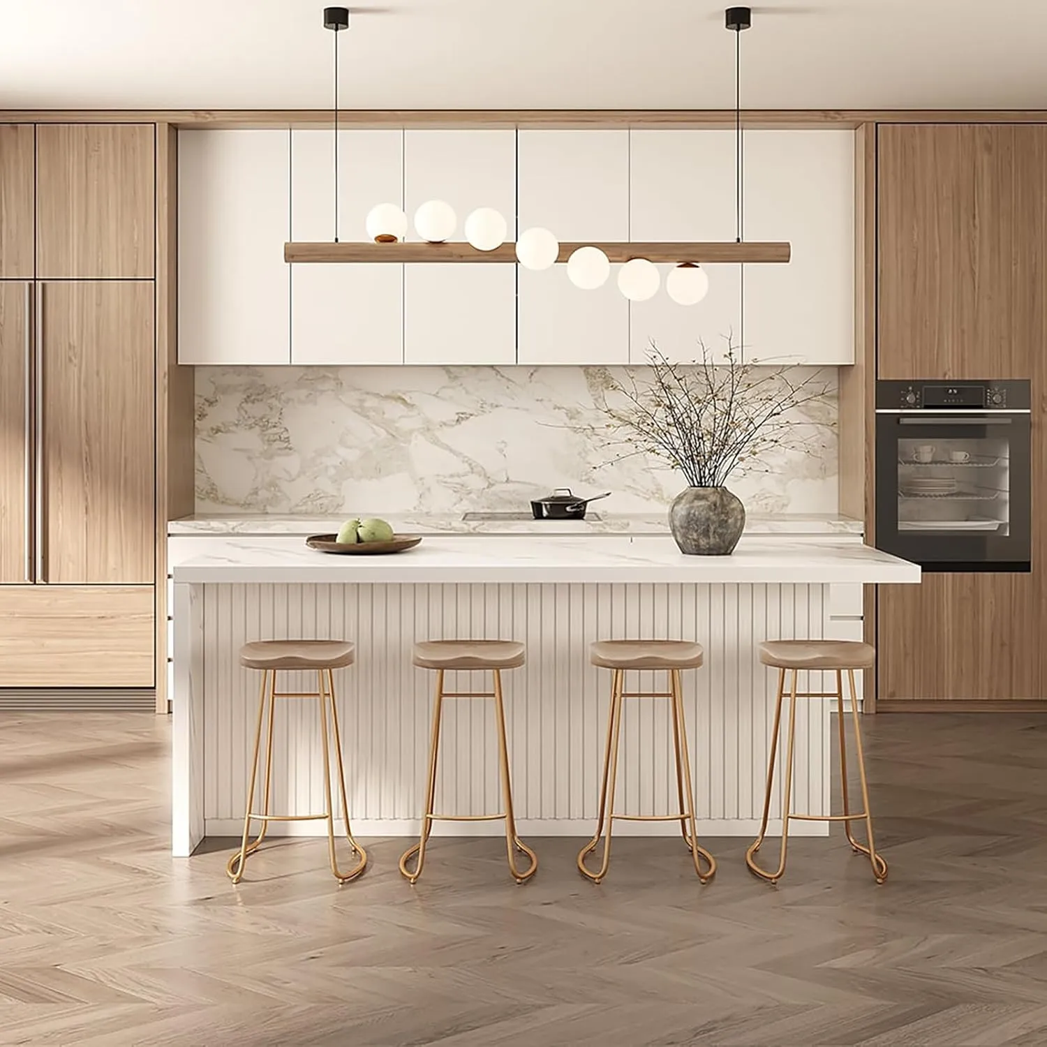 Homary 72" Marble Top Kitchen Island with Storage & Seating (White)