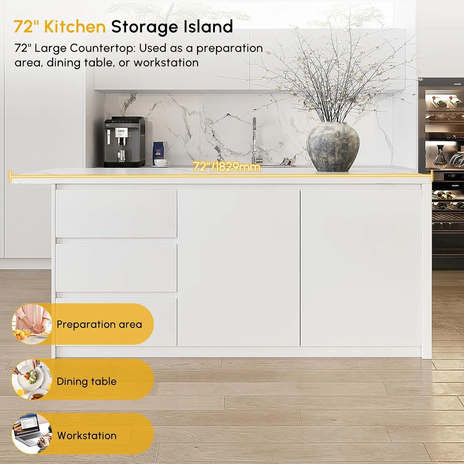 Homary 72" Marble Top Kitchen Island with Storage & Seating (White)