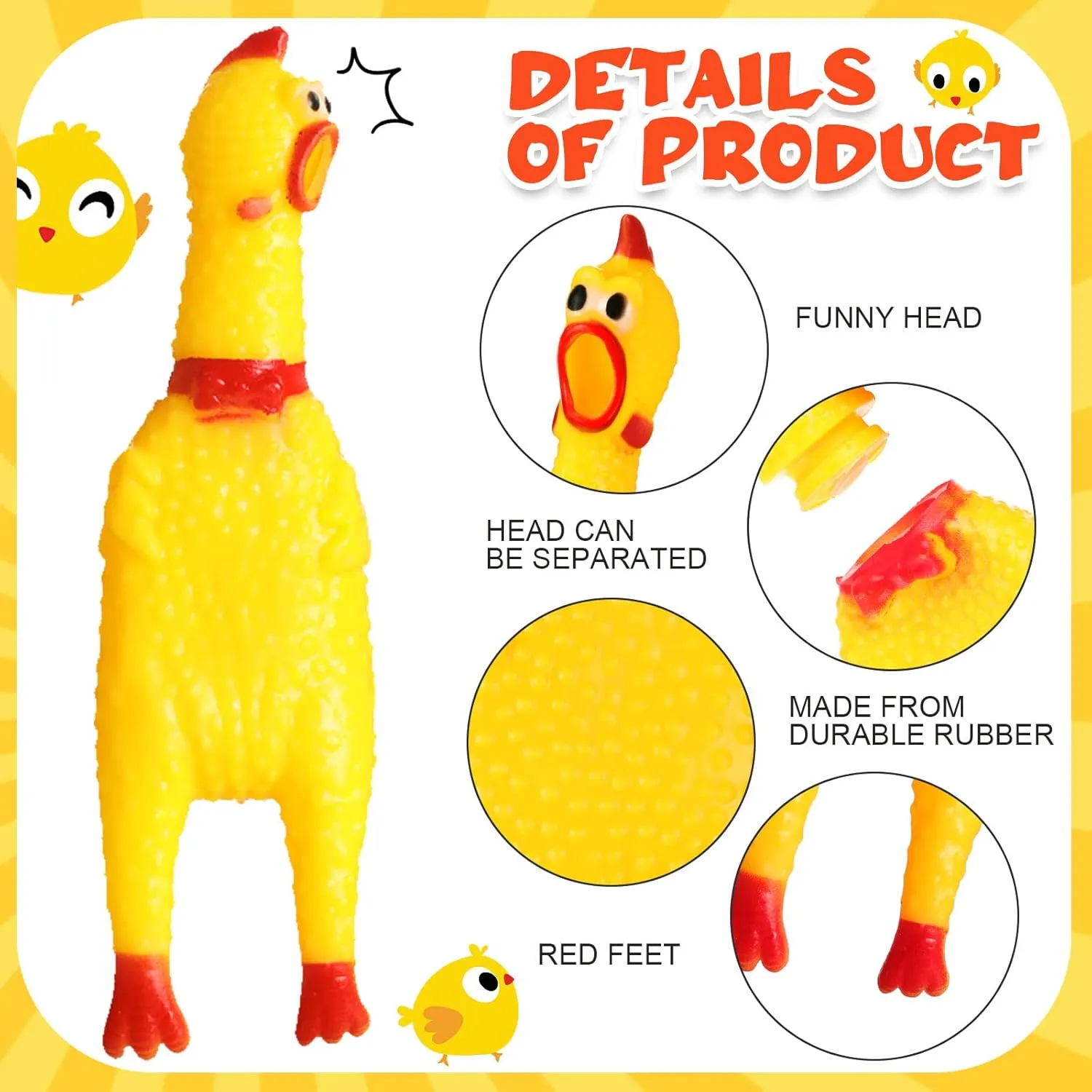 Honoson 50 Pcs Rubber Chickens Squeak Screaming Chicken Novelty Bulk Dog Toys for Pets Dogs Adults, 6.3 Inch(Yellow)
