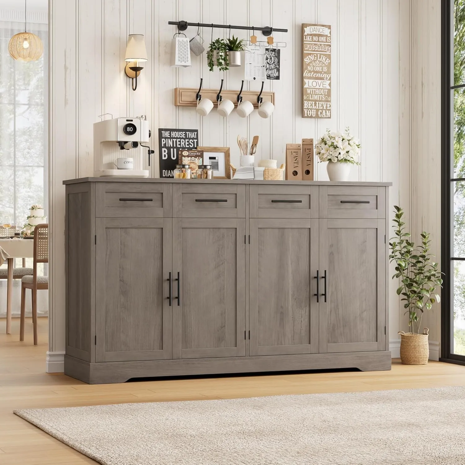 HOSTACK 60" Large Buffet Sideboard with Storage, 36" Tall Kitchen Buffet Storage Cabinet with 4 Drawer, Modern Coffee Bar Cabinet with Black Handle, Long Sideboard Table for Living Room, Ash Gray