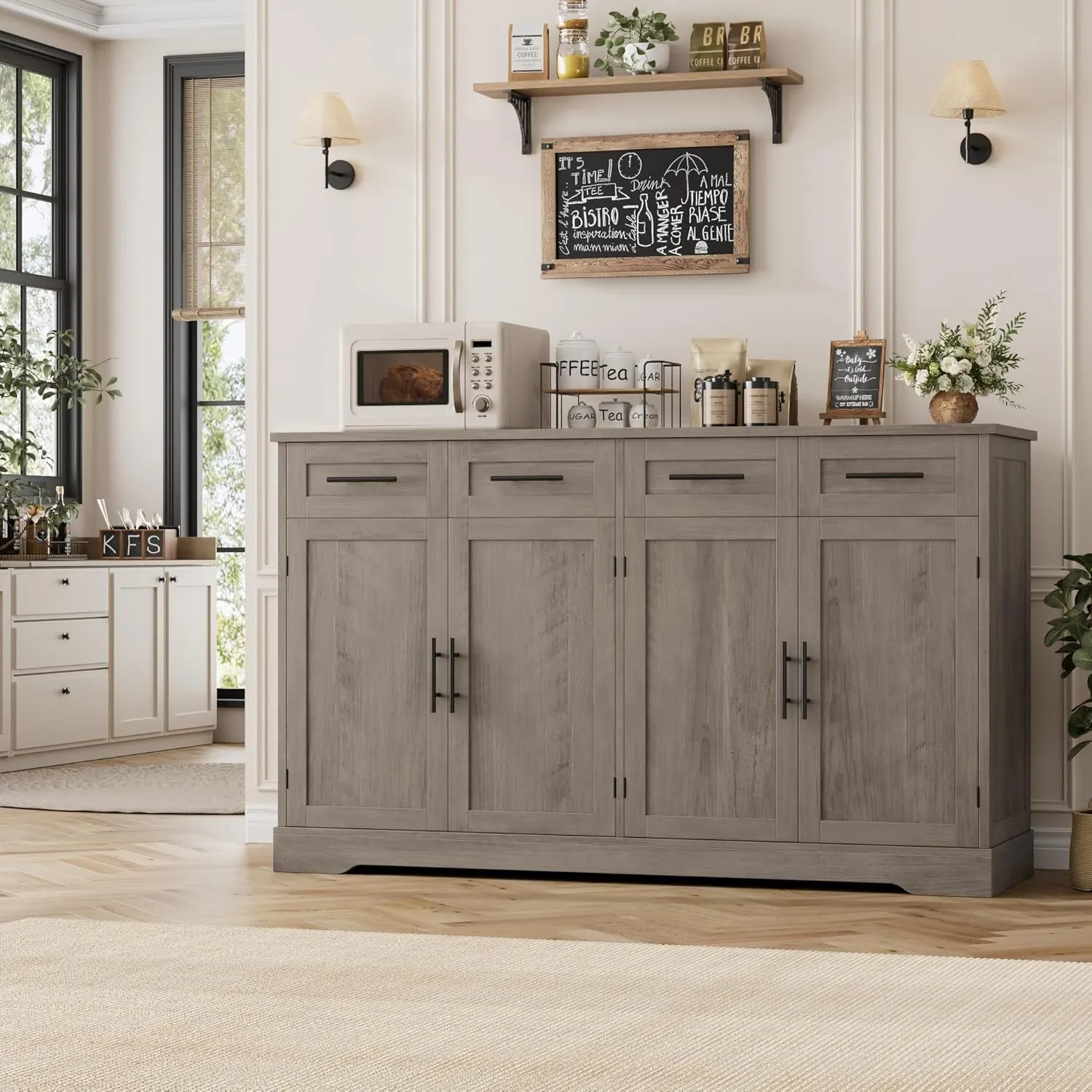 HOSTACK 60" Large Buffet Sideboard with Storage, 36" Tall Kitchen Buffet Storage Cabinet with 4 Drawer, Modern Coffee Bar Cabinet with Black Handle, Long Sideboard Table for Living Room, Ash Gray