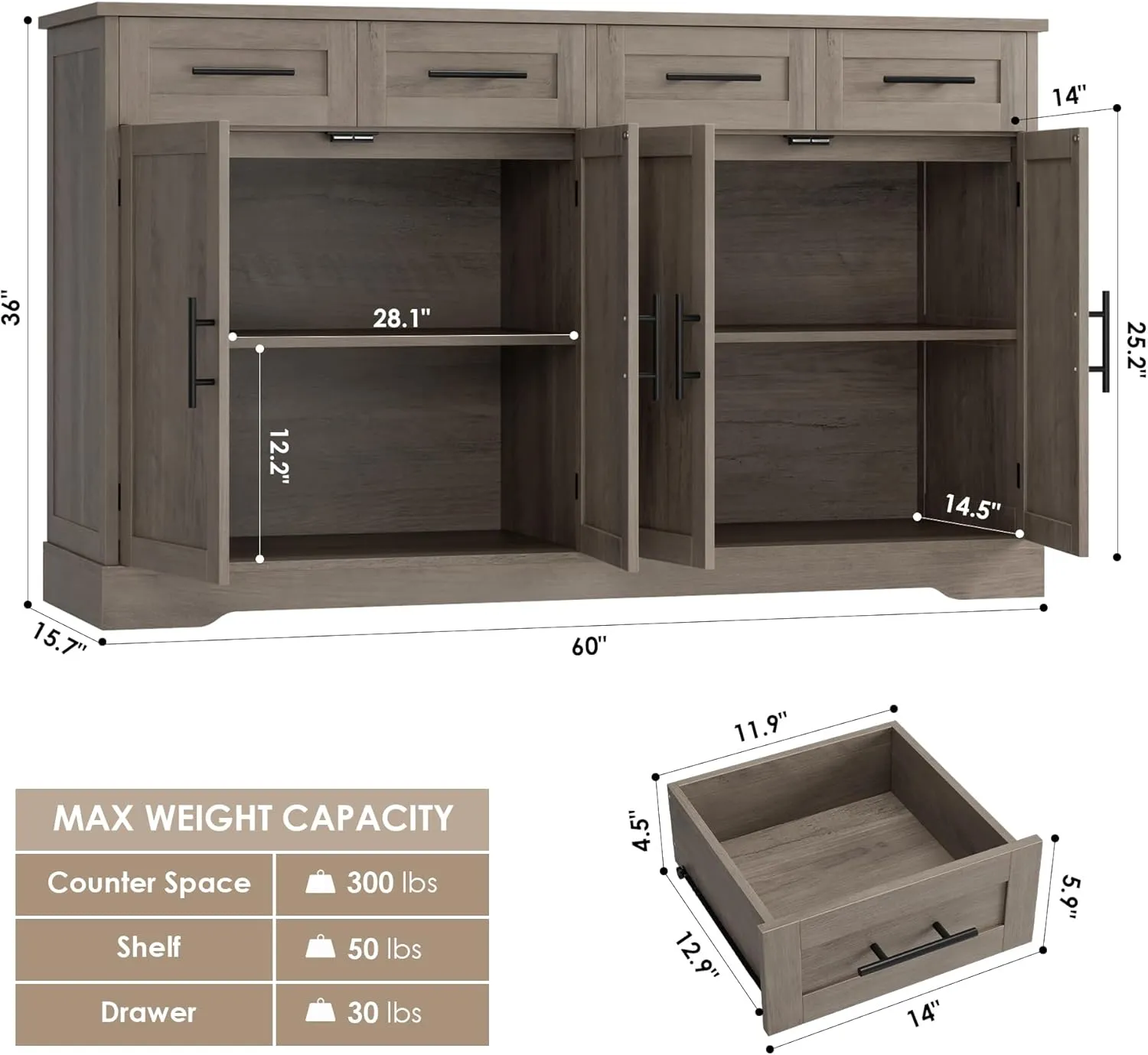 HOSTACK 60" Large Buffet Sideboard with Storage, 36" Tall Kitchen Buffet Storage Cabinet with 4 Drawer, Modern Coffee Bar Cabinet with Black Handle, Long Sideboard Table for Living Room, Ash Gray