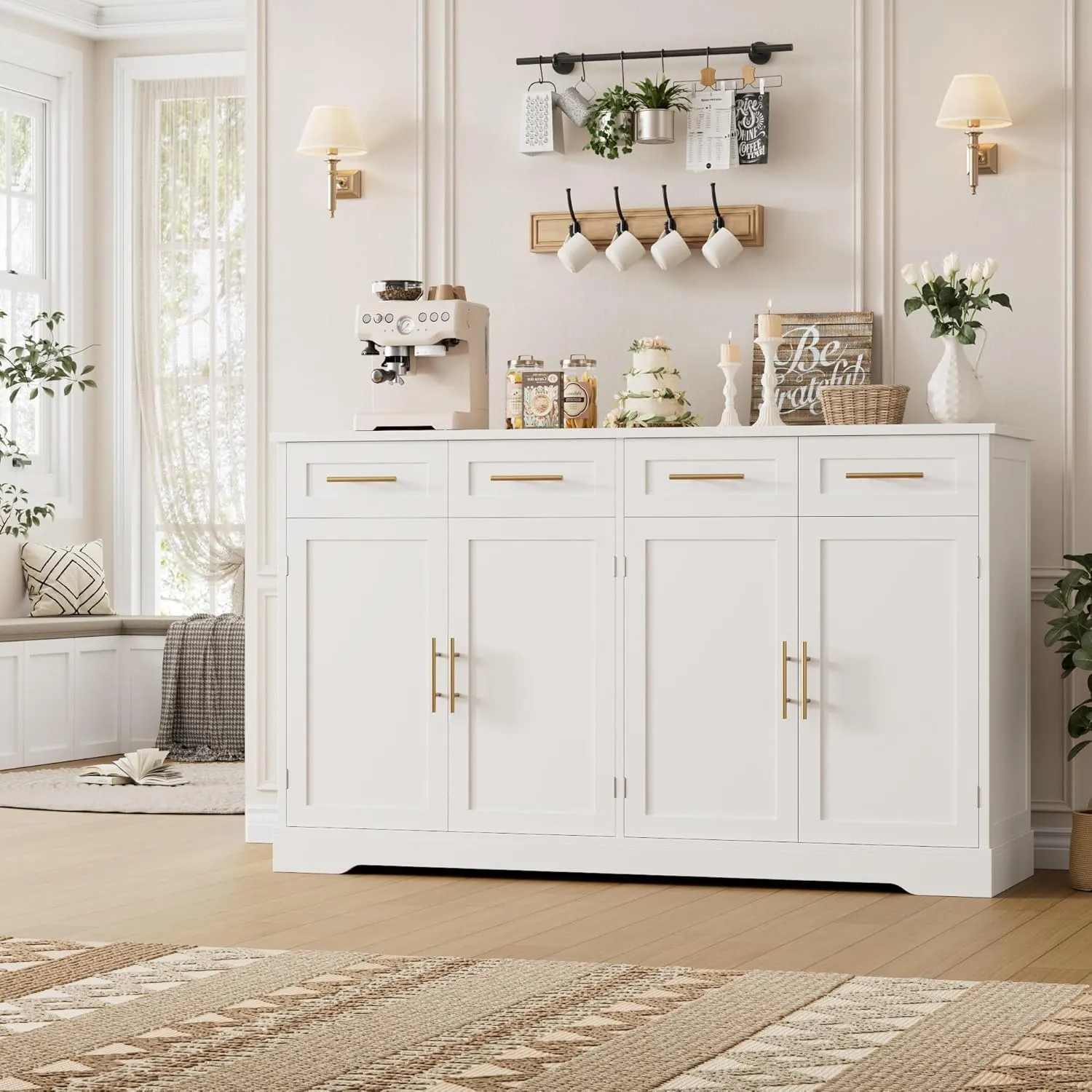 HOSTACK 60" Large Buffet Sideboard with Storage, 36" Tall Kitchen Buffet Storage Cabinet with 4 Drawers, Modern Coffee Bar Cabinet with Gold Handles, Long Sideboard Buffet Table for Kichen, White