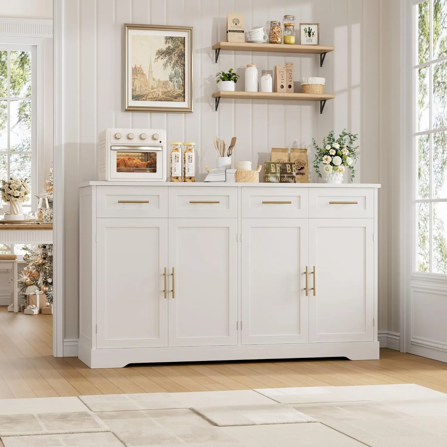 HOSTACK 60" Large Buffet Sideboard with Storage, 36" Tall Kitchen Buffet Storage Cabinet with 4 Drawers, Modern Coffee Bar Cabinet with Gold Handles, Long Sideboard Buffet Table for Kichen, White