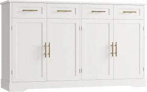 HOSTACK 60" Large Buffet Sideboard with Storage, 36" Tall Kitchen Buffet Storage Cabinet with 4 Drawers, Modern Coffee Bar Cabinet with Gold Handles, Long Sideboard Buffet Table for Kichen, White