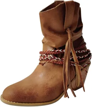 HOTRA Women's Cowboy Boots with Fringe Chunky Heel Braid Combat Ankle Boots Winter Waterproof Biker Boots (Color : Brown, Size : 9 US)