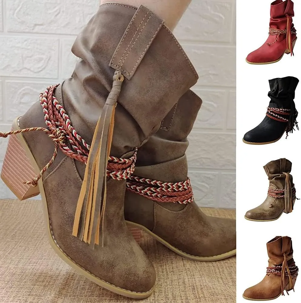 HOTRA Women's Cowboy Boots with Fringe Chunky Heel Braid Combat Ankle Boots Winter Waterproof Biker Boots (Color : Brown, Size : 9 US)