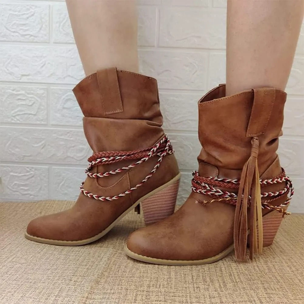 HOTRA Women's Cowboy Boots with Fringe Chunky Heel Braid Combat Ankle Boots Winter Waterproof Biker Boots (Color : Brown, Size : 9 US)
