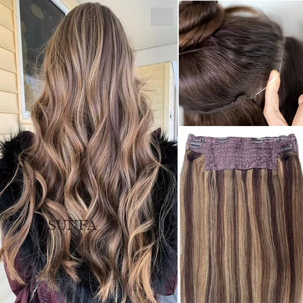 Human Hair Wire Hair Extensions, Fish Line Hair Extensions, Ombre Wire Hair Extensions, 14Inch 70g Balayage Dark Brown to Ash Brown Highlighted Clip in with Invisible Fish Line