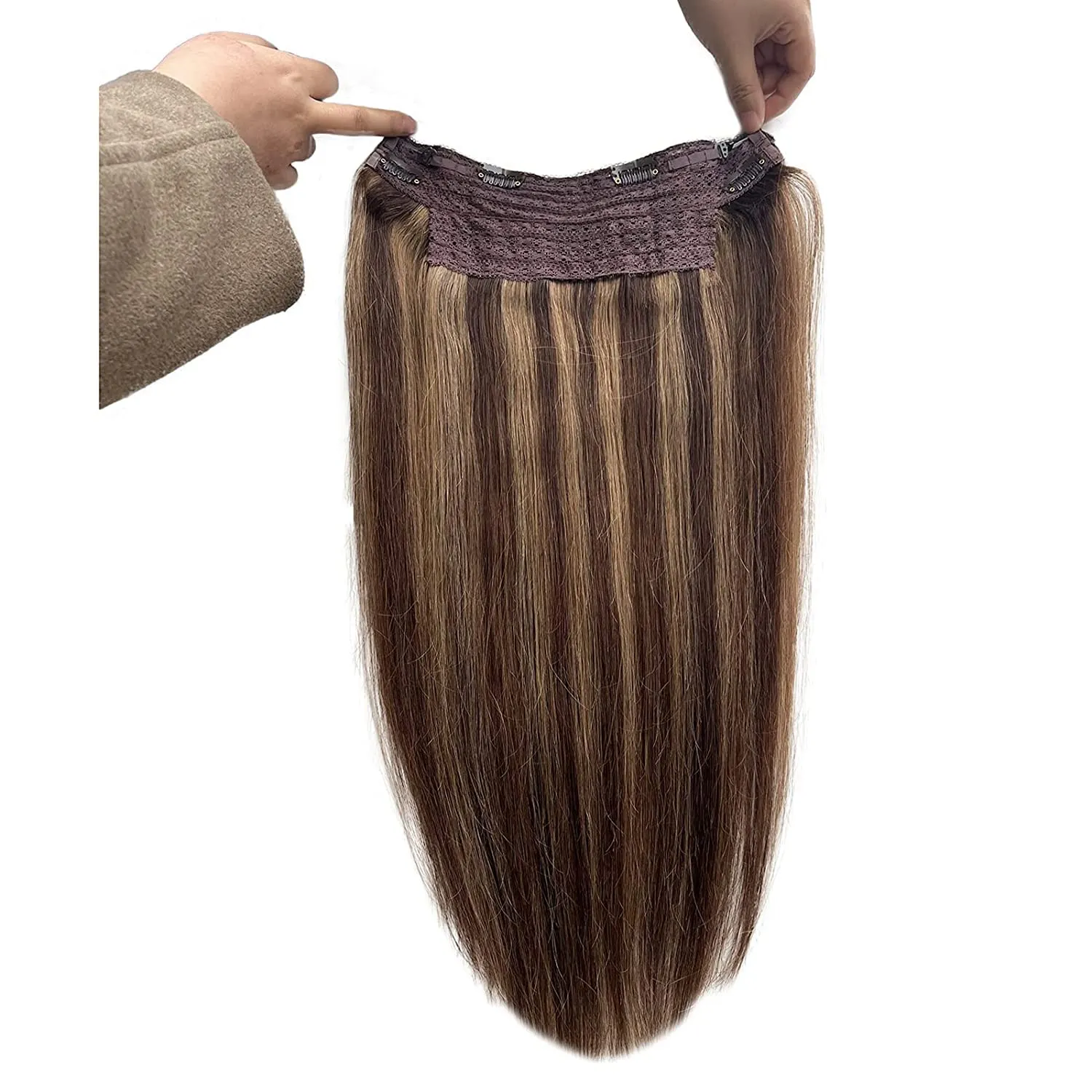 Human Hair Wire Hair Extensions, Fish Line Hair Extensions, Ombre Wire Hair Extensions, 14Inch 70g Balayage Dark Brown to Ash Brown Highlighted Clip in with Invisible Fish Line
